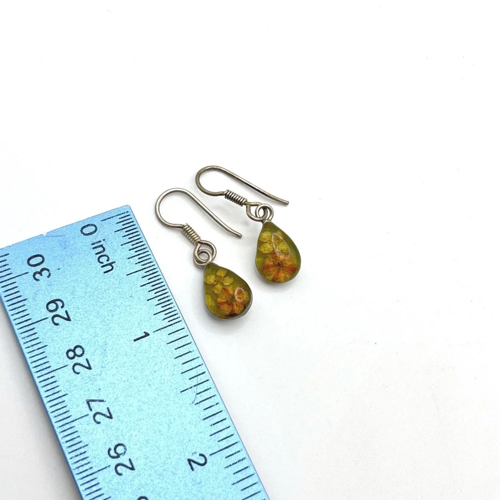 Vintage 925 Sterling Silver Real Pressed Flower Teardrop Dangle Earrings Mexico